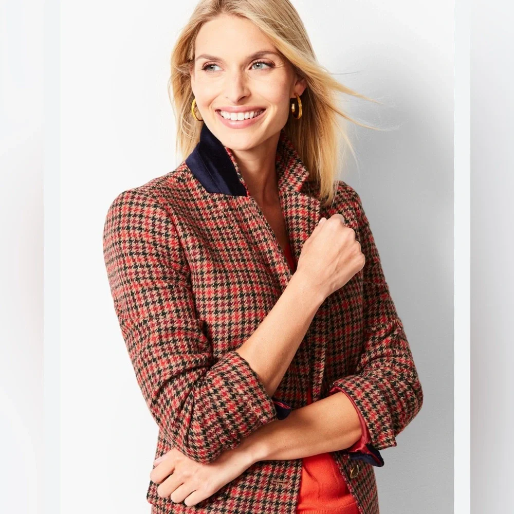 NEW! Talbots Andersen wool tan red black  plaid blazer size 12